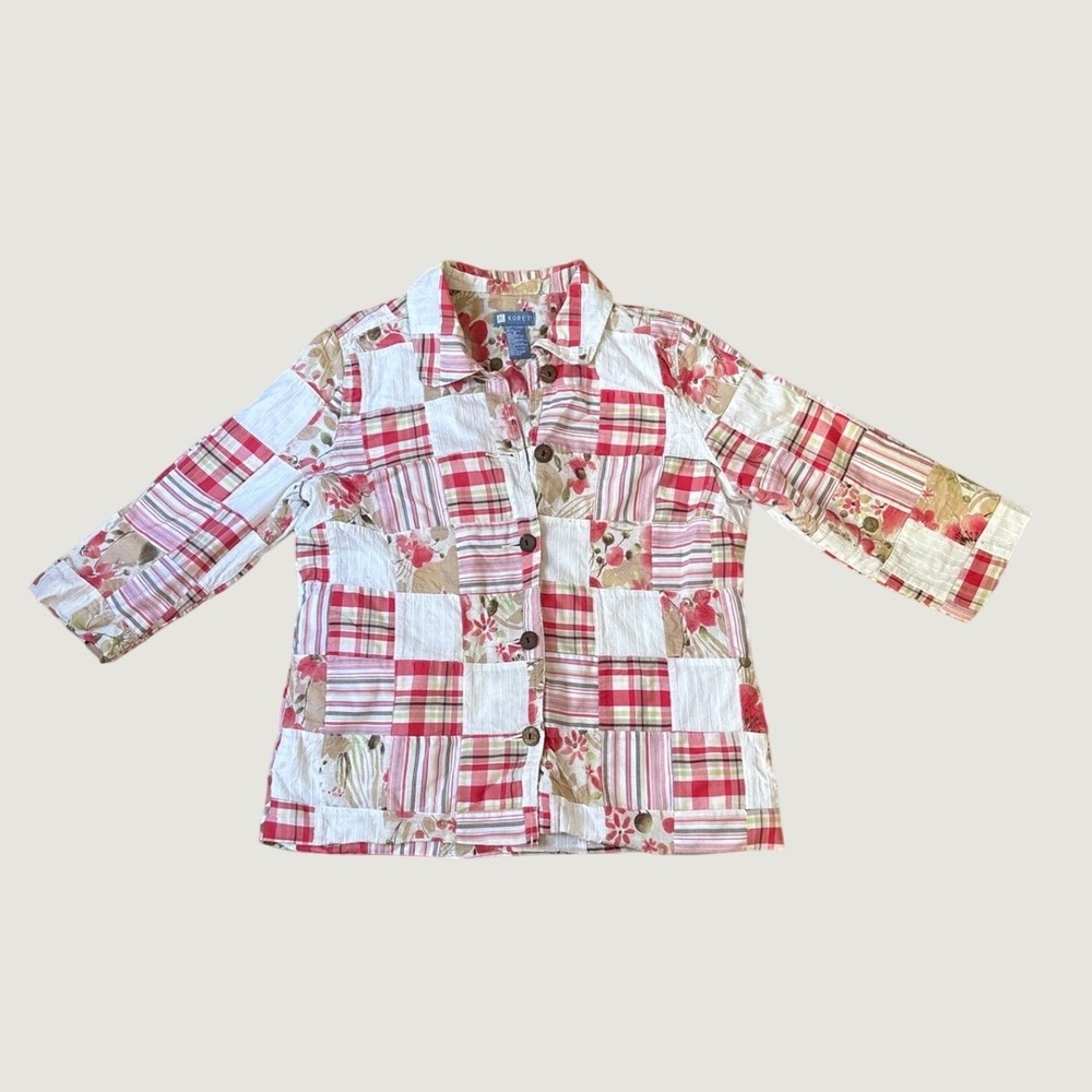 Koret Patchwork Shirt Women Red Floral Plaid Boho Button Down SIZE M